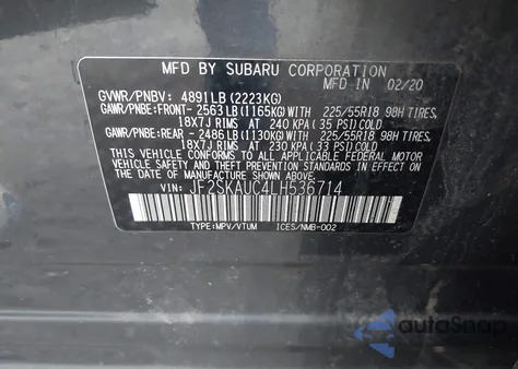 2020 Subaru Forester Limited из США, поврежденный, VIN JF2SKAUC4LH536714